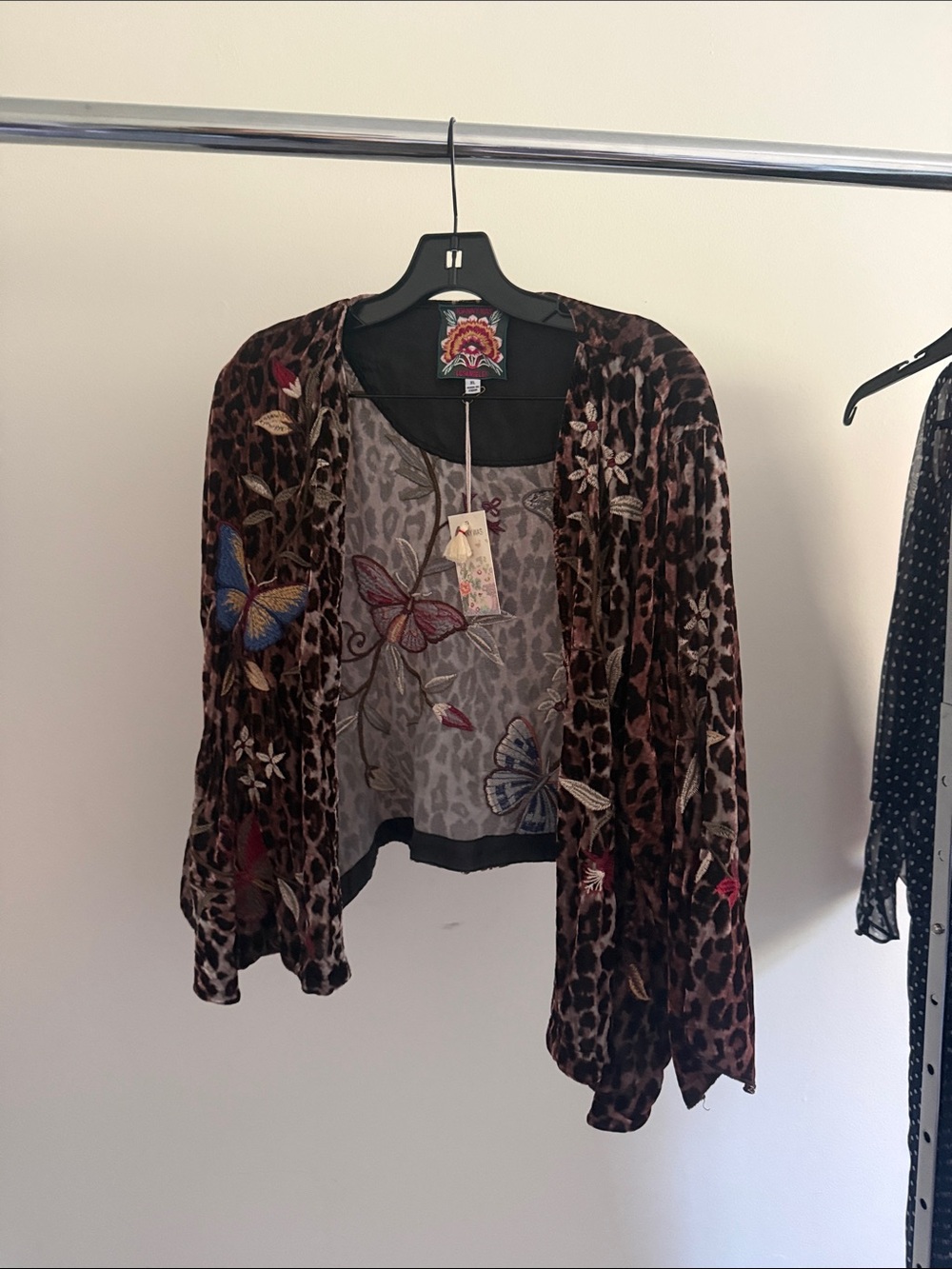 Johnny Was Brown Leopard Velvet Open Jacket with Embroidered Butterflies
